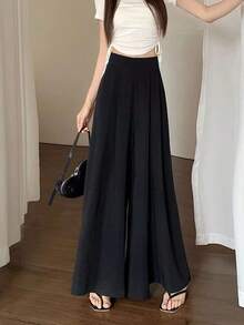 Pantalones de pierna ancha de mujer plisados de talle alto drapeados slim pantalones de traje casual - Negro - Ver 6