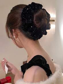1pc Large Black Hair Scrunchie With Vintage Red Sequins, Hair Tie And Hair Accessories For High-End Feel Scrunchies Scrunchy Hair Ties Ponytail Head Accessories Elastic Band Hair Rubber Bands - 1 Item - View 5