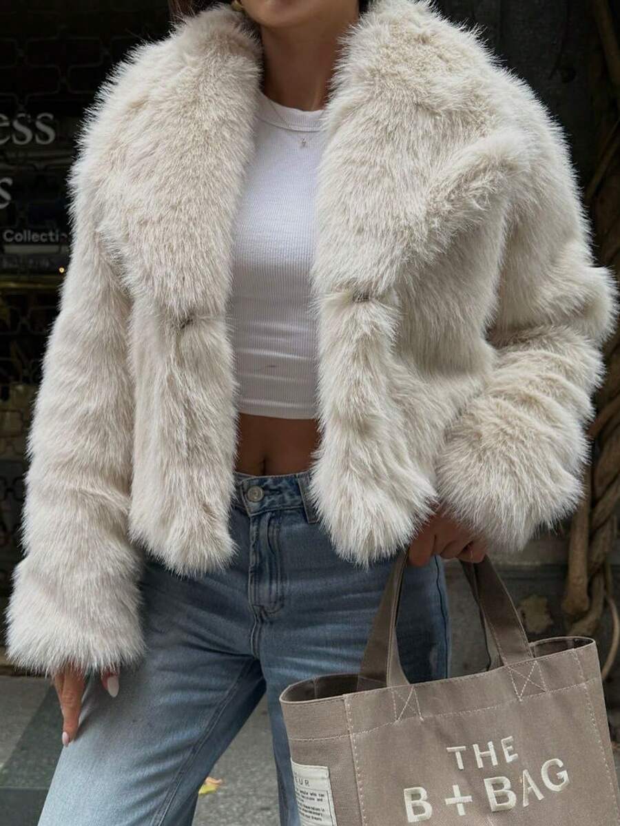 HH Faux Fur Jacket For Women Elegant Solid Lapel Long Sleeve Coat Casual Loose Female Winter Oversize Lady Chic Streetwear Jakcets - trắng - Xem 1