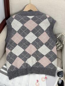 新款 V 领学院风多层针织背心，宽松毛衣背心，菱形图案休闲马甲