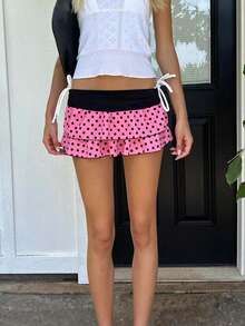 Layered Ruffle Mini Skirt For Women Summer Dots/Stripe/Heart Print/Solid Color High Waist Short Skirts - Bright Pink - View 3