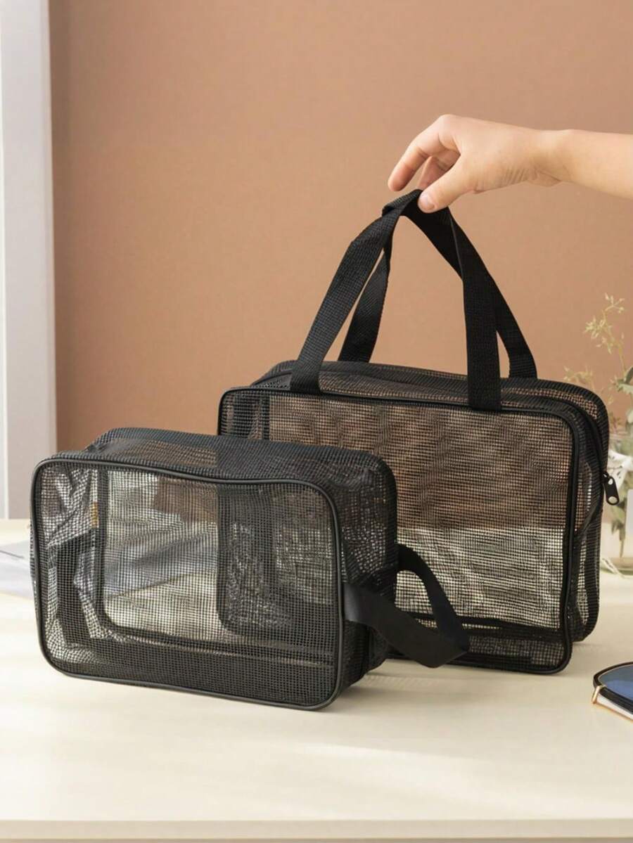 黑色网眼尼龙透明手提包，男士洗漱包，便携式旅行必备沙滩包，可装毛巾、牙膏、洗漱用品等，简约优雅，居家旅行皆宜，女士礼物，圣诞礼物，女士送礼佳品