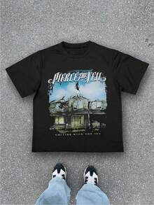 Casual Men's T-Shirts  Album Art Pattern Print Casual Soft Short Sleeve Pure Cotton 220gsm T-Thirt - 黑色 - 查看 1