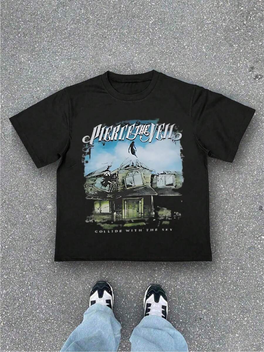 Casual Men's T-Shirts  Album Art Pattern Print Casual Soft Short Sleeve Pure Cotton 220gsm T-Thirt - 黑色 - 查看 1