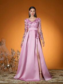 Mgiacy,New ArrivalFOR,V Neck,Sweet,Ladies' Ball Dress,Contrast Lace,Flounce,High Slit,Satin,Long Dress,FOR,Wedding Guest