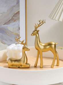 2pcs Gold Decorative Figurines, Gold Couple Reindeer, Angel, Small Gold Elephant, Suitable For Living Room, Wine Cabinet, Hotel, Restaurant Table Decor, Also Can Be Valentine's Day Gift