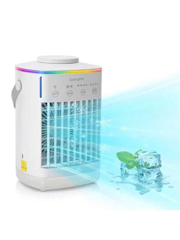 Aire acondicionado mini para el hogar con 6 velocidades ajustables, apagado automático programable, ventilador humidificador de niebla, ventilador de escritorio con luces de colores, modelo portátil USB para dormitorio