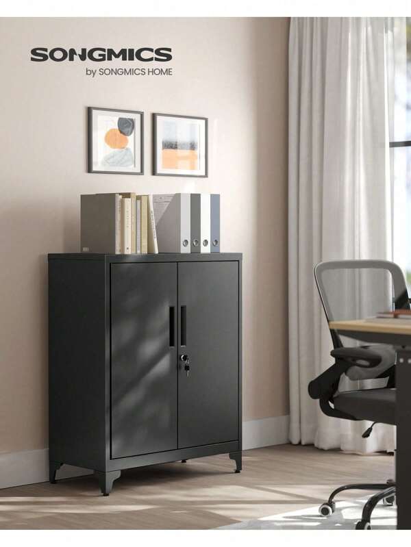 File Cabinet, Multipurpose Garage Cabinet, Office Cabinet With 2 Doors, Lockable Cabinet, Steel Storage Cabinet, Deep Storage With Shelves, For Study, Living Room, Black,Gray