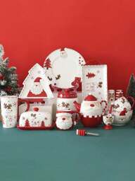 Nordic Stitching Jultomtens skålar och tallrikar servisset präglad förseglad burk Kryddburk västerländsk keramik platt tallrik kopp julklappsservis set hemrumsdekoration,kök,julklapp