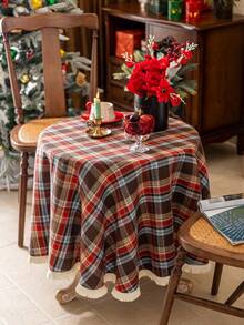 Cirelle 1pc Round Christmas Tablecloth, Classic Red & Green Plaid, Suitable For Christmas, Weddings, Parties And Other Dining Table Decor