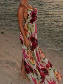 Doriss 精致印花露背吊带高腰开衩连衣裙，夏季连衣裙，女士沙滩装，女士度假装，女士婚礼宾客礼服，婚礼派对礼服，印花连衣裙，情人节 - 彩色 - 查看 3