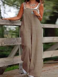 Jumpsuit Wanita Ukuran Besar dengan Motif Denim Vintage, Leher Persegi, Detail Kancing, Overall Panjang dengan Kantong - Khaki - View 1