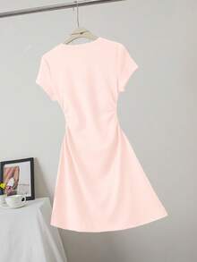 女士休闲修身蝴蝶结印花细节简约纯色褶裥圆领短袖连衣裙粉色夏季优雅 - 粉色 - 查看 2