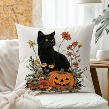 1pc Halloween Black Cat & Pumpkin Illustration Cushion Cover, Soft Peach Velvet Material, 45*45CM Pillow Case Suitable For Room Decor, Indoor Living Room Sofa Decor, Party Decoration, Decorative Pillow Cover Gift