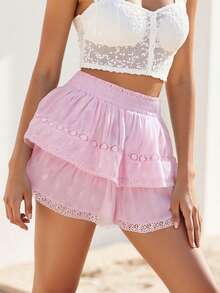 Women Layered Ruffle Shorts Loose Patchwork Lace Solid/Floral Elastic Waist Mini Shorts Casual Summer Streetwear - 粉色 - 查看 8