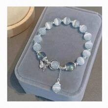 1PC Good-Looking, Practical, Fashionable And Elegant Gray Moonlight Glass Cat's Eye Bead Bracelet With Butterfly Pendant - Very Suitable For The Perfect Fashion Gift For Girls, Random Style, Random Color Delivery - 如圖所示 - 查看 4