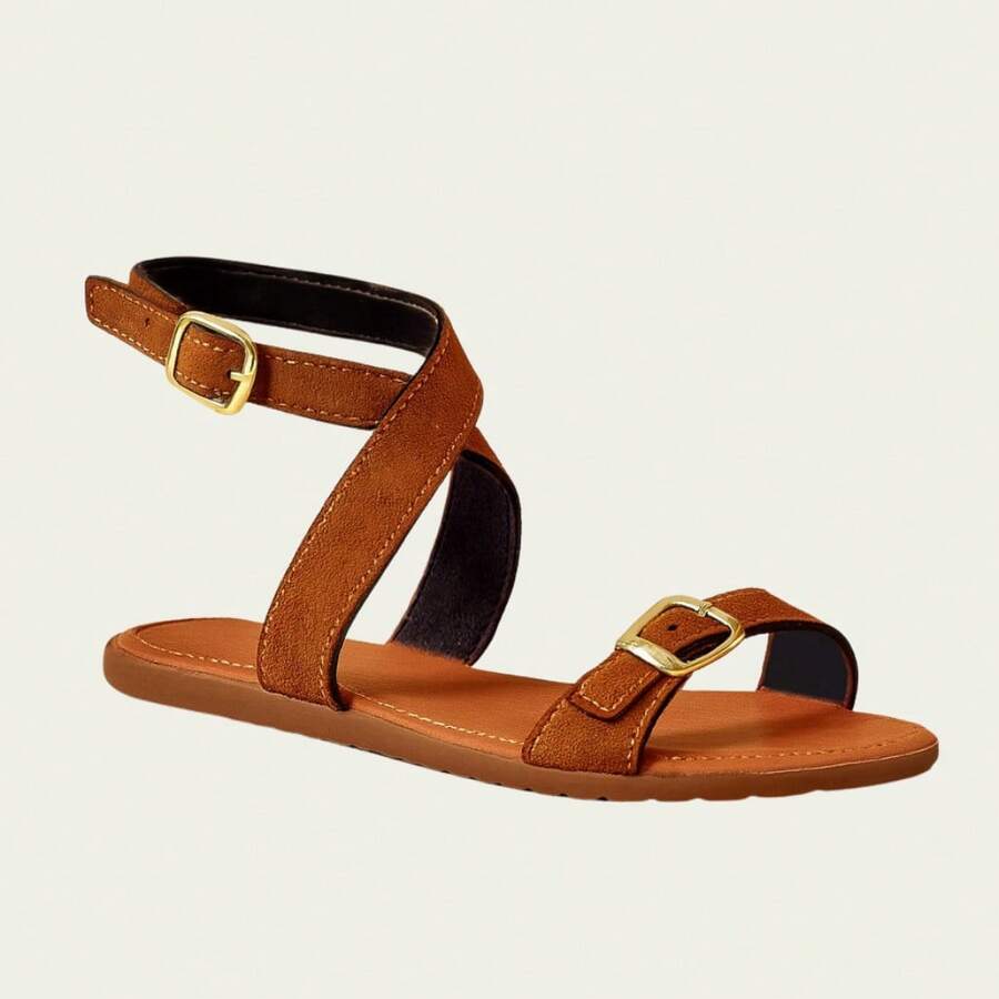 Women's Sandals With Cross Straps, Flat Buckle Closure, Comfortable, Casual - 駝色 - 查看 1