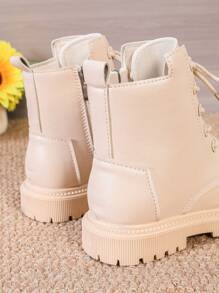 1 Pair Toddler/Kids Matte PU Leather Boots, Soft Lining, Side Zipper, Round Toe, Lace-Up, Thick Sole, Fashion Cute Mid-Calf Boots, Suitable For 3-12 Years Old Boys/Girls, Casual, Daily, Party, Vacation, Autumn/Winter - Beige - View 8