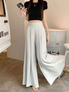 Pantalones de pierna ancha de mujer plisados de talle alto drapeados slim pantalones de traje casual - Azul - Ver 5