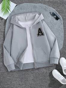 青少年女孩字母 A 印花连帽开衫，适合女孩休闲舒适秋冬时尚服装休闲服 - 灰色 - 查看 1