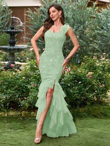 亮片花卉蕾丝心形领口多层网纱下摆开衩连衣裙，优雅女士派对礼服，夏季连衣裙，适合婚礼宾客、毕业典礼、正式晚宴及其他场合 - 薄荷綠 - 查看 6