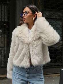 HH Faux Fur Jacket For Women Elegant Solid Lapel Long Sleeve Coat Casual Loose Female Winter Oversize Lady Chic Streetwear Jakcets - trắng - Xem 9
