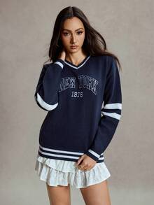 Women's New York Letter Pattern Sweatshirt V Neck Long Sleeve Pullover, Cable Knit Striped Casual Tennis Loose Top, Spring Autumn Winter - Multicolor - View 3