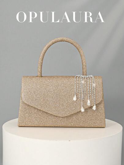 OpulAura Women's Fashion Sparkling Tassel Crystal Water Drop Decor Evening Handbag, Elegant Clutch Purse For Formal Dress, Suitable For Romantic Wedding, Formal Party, Prom, Cocktail, Comes With Detachable Chain Strap, Random Crystal Tassel Pattern