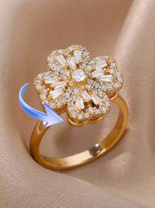 1PC Zirconia Rotatable Four Leaf Clover Anxiety Rings For Women Stainless Steel Anti-Stress Ring Aesthetic Jewelry Gift