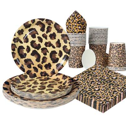 100pcs Cheetah Print Party Supplies Set, 7/9 Inch Disposable Paper Plates, Cups And Napkins, Cheetah Patterned Plates And Napkins Suitable For Animal Leopard Theme Birthday Party Decorations And Dessert Tableware