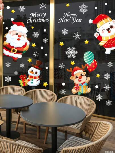 圣诞静态窗贴提供多种图案可选，例如圣诞老人、“圣诞快乐”字母、雪花、雪人、驯鹿和气球。它们可进行 DIY 混搭，非常适合用作圣诞派对装饰和产品点缀的静态贴纸。它们也是橱窗墙贴的理想选择，可在办公室、家居、商店、超市和购物中心营造节日氛围。