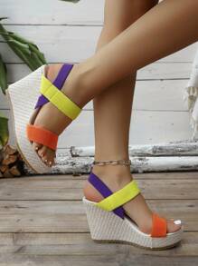 大码女式坡跟厚底凉鞋，欧美跨境大码坡跟凉鞋，绳编厚底时尚高跟凉鞋，厚底套脚高跟凉鞋 - 黃色 - 查看 5