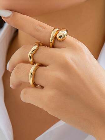 3 Stücke Damen Retro Minimalistische asymmetrische geometrische offene Ring-Set