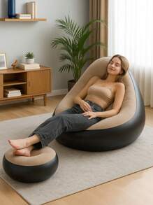 2pcs Set (Lounge Chair + Round Ottoman) Inflatable Flocked Sofa, Foldable Portable Slouchy Sofa With Footrest (No Air Pump), Suitable For Indoor/Living Room/Bedroom/Patio Leisure, Outdoor Travel/Camping/Beach