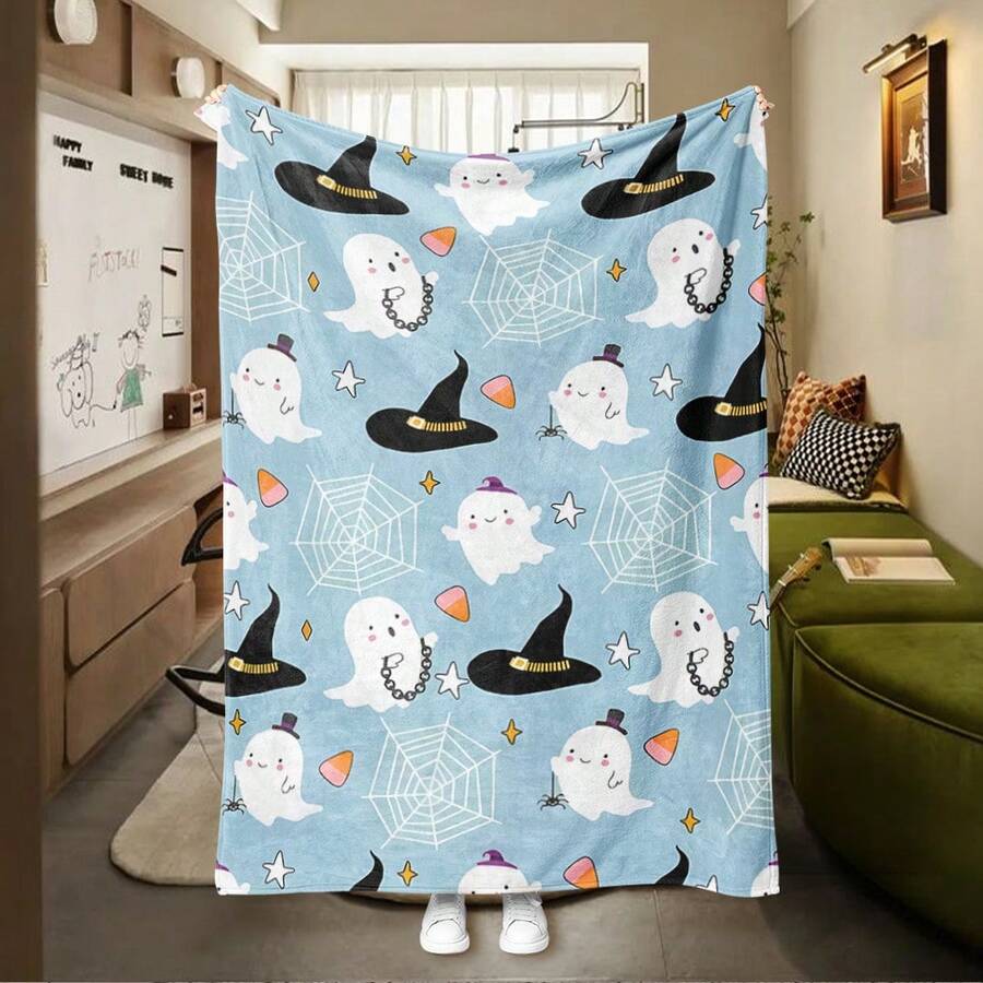 1pc Halloween Themed Plush Flannel Blanket, Featuring Ghost & Spider Web Patterns, Soft & Cozy Cartoon Halloween Themed Blanket, Ideal For Holiday Decor & Gifts, Suitable For Living Room, Bedroom, Office, Camping, Party, Autumn Design, Nap Blanket | Sofa Throw | Air Conditioning Blanket, Multiple Sizes Available, Bedroom Decor Blanket, Blue Blanket