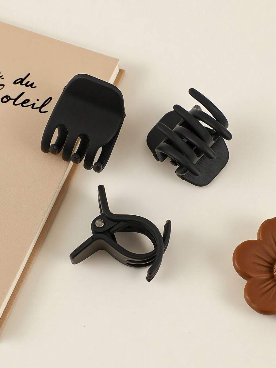 3 件套哑光黑色极简主义迷你三爪发夹，适用于高马尾、半顶梳发型和全头造型，是多功能发饰、发夹和发束固定器，适合日常佩戴。节日必备时尚发夹秋季配饰 - 黑色 - 查看 1