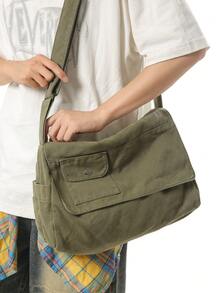 1pc Military Green Vintage Minimalist Flap Shoulder Bag, Thick Washed Canvas Casual Versatile Large Capacity Messenger Bag, American College Style, Suitable For School, Short Trip, Simple Street Bag - Army Green - View 3