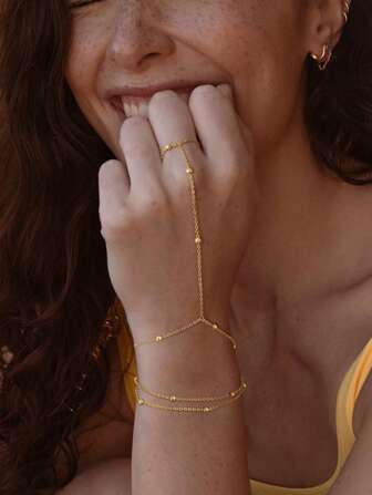 1 件简约不锈钢 18K 镀金三层十字球链指环手链