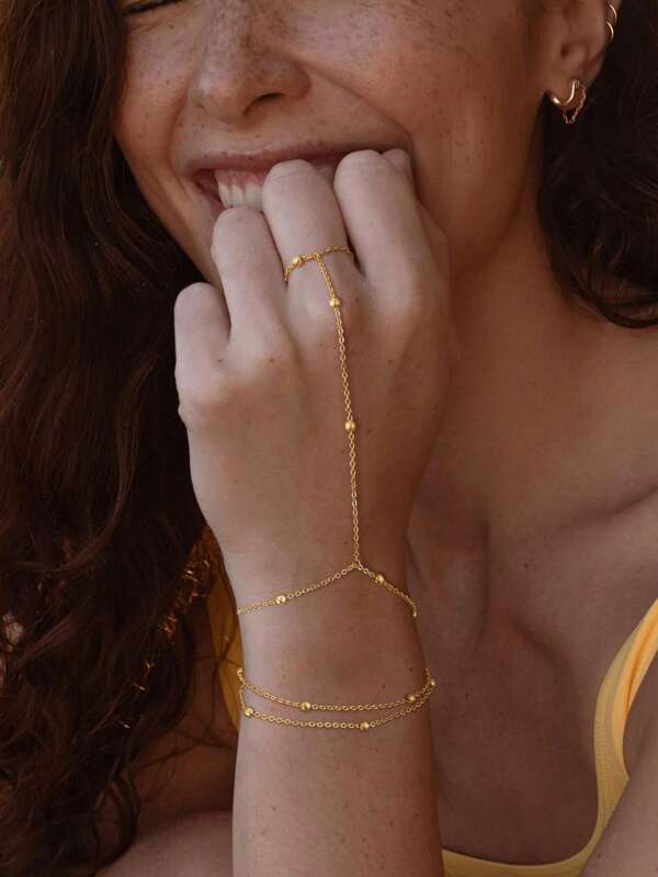 1 pezzo Anello bracciale minimalista in acciaio inossidabile placcato oro 18K a tre strati con catena a sfera a croce
