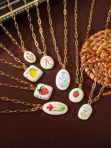 1 件时尚精致植物系列柠檬草莓蝴蝶结花朵吊坠项链，镀 18k 金，不易氧化，适合妻子和母亲佩戴，可轻松搭配女孩的日常服装装饰、海滩度假派对、音乐节。女士珠宝 - 彩色 - 查看 5