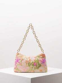 闪亮彩色亮片单肩包、花卉包、亮片包、新娘派对、金属链女士手提包、舞会包、舞会配饰、优雅女士包、婚礼用品、闪光舞会钱包（图案随机） - 彩色 - 查看 1