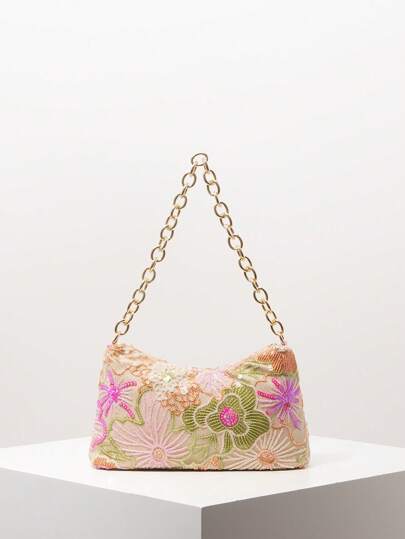 Shiny Colorful Sequin Shoulder Bag, Floral Bag, Sequin Bag, Bridal Party, Metal Chain Women's Handbag, Prom Bag, Prom Accessories, Elegant Women's Bag, Wedding Items, Glitter Prom Wallet (Pattern Random)