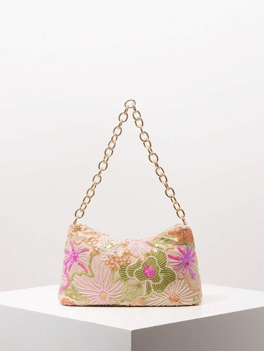 闪亮彩色亮片单肩包、花卉包、亮片包、新娘派对、金属链女士手提包、舞会包、舞会配饰、优雅女士包、婚礼用品、闪光舞会钱包（图案随机） - 彩色 - 查看 1