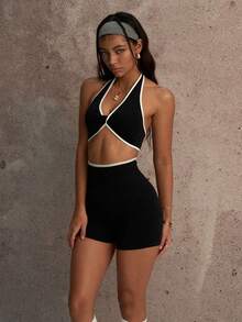 PinkTip Summer Black And White Colorblock Crop Top And High Waist Yoga Shorts Fitness Set - Black - View 4