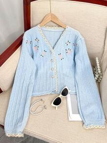 Wixra Wixra Sweet Collegiate Style Cardigan With Lace Patchwork V-Neck Design, Embroidered Single-Breasted Knit Top For Ladies