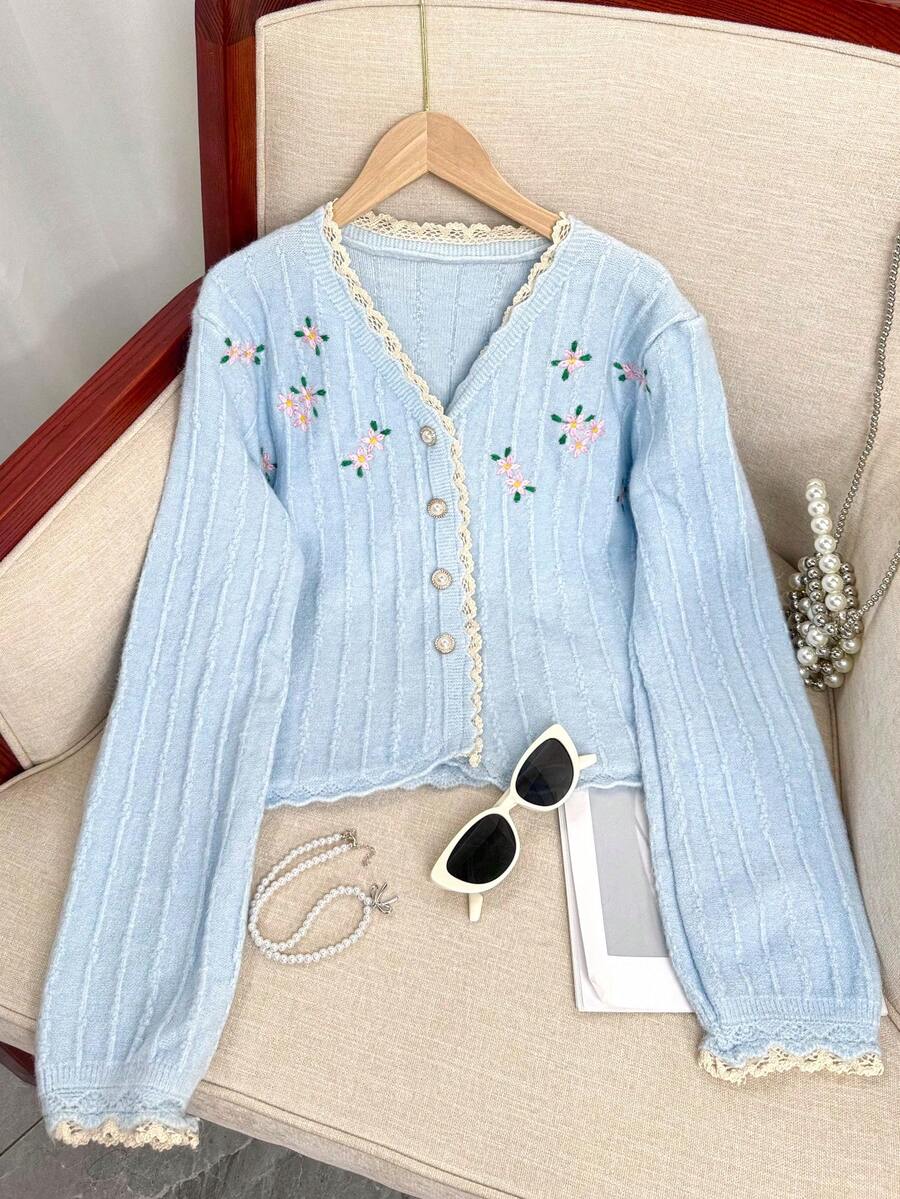Wixra Wixra Sweet Collegiate Style Cardigan With Lace Patchwork V-Neck Design, Embroidered Single-Breasted Knit Top For Ladies