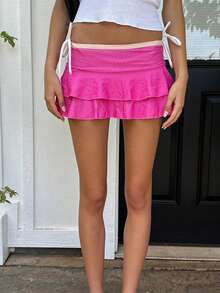Layered Ruffle Mini Skirt For Women Summer Dots/Stripe/Heart Print/Solid Color High Waist Short Skirts - Hot Pink - View 4