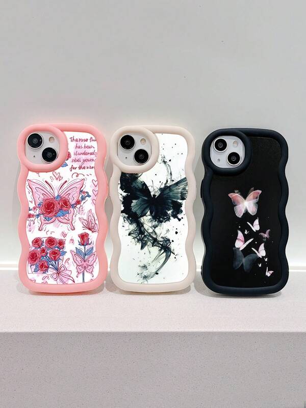 3pcs Dopamine Themed Black, White, Pink Phone Cases, 3pcs Colorful Butterfly Phone Cases, 3pcs Different Butterfly Pattern Phone Cases, Wave Pattern Full Coverage Shockproof Phone Cases, Compatible With IPhone & Galaxy Series, Compatible With IPhone 13/14/15/15 Pro Max/16/16 Plus/16 Pro Max Waterproof Anti-Fall Scratch Resistant