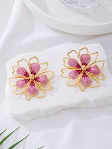 1 par de pendientes elegantes de gota con diseño floral hueco y degradado, adecuados para vacaciones de verano - Rosa - Ver 4