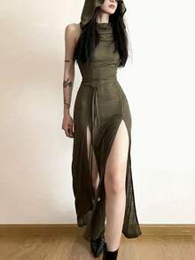 Women's Wasteland Style Hooded Dress - Split Tie Slim Fit, American Hot Girl Style Street Photo Cos Shoot Slim Midi Dress - 軍綠色 - 查看 3